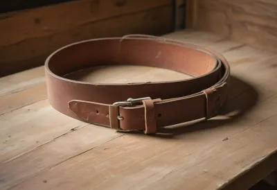 A thick, well-worn leather weightlifting belt coiled on a wooden bench in low warm gym light