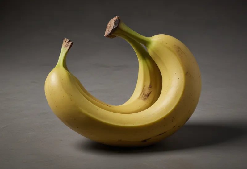 A single ripe yellow banana photographed close up on a plain surface.