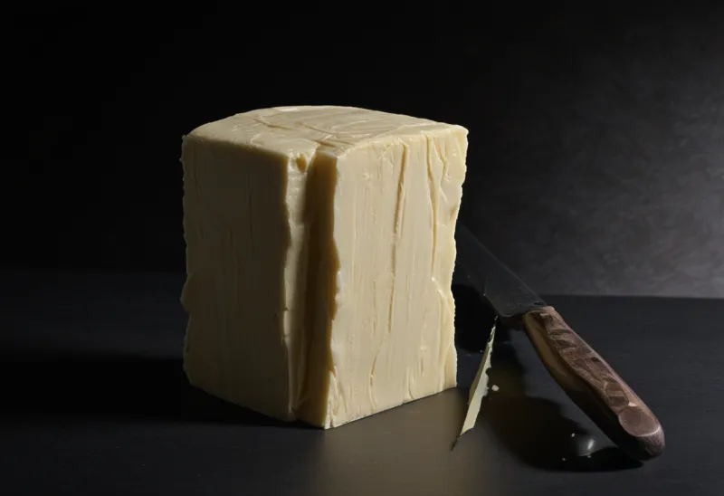 A single block of pale, matte butter with a knife left resting in its cut face, on a seamless dark paper sweep