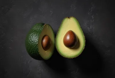 A halved avocado seen from above, its dark stone sitting in the empty hollow, the surrounding flesh dense and yellow-green.