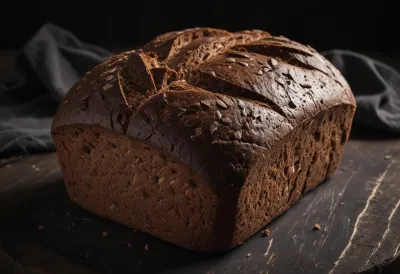 A whole rustic loaf of dark rye bread resting on a wooden board.