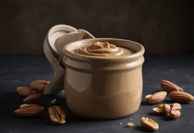 A small stoneware crock filled with smooth nut butter, seen close from the side.