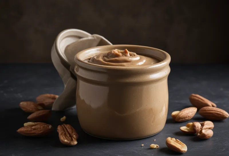 A small stoneware crock filled with smooth nut butter, seen close from the side.