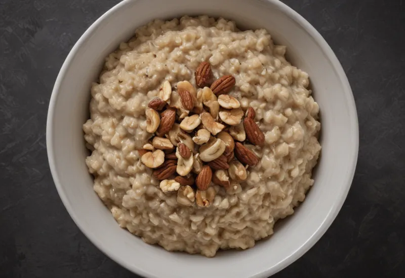 A plain ceramic bowl of cooked oatmeal, photographed from directly overhead.