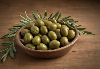 An olive branch with green olives still attached, seen close from the side on a wooden table.