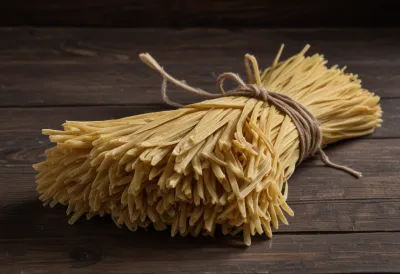 A tied bundle of dry spaghetti standing upright on a wooden table, seen close from the side.