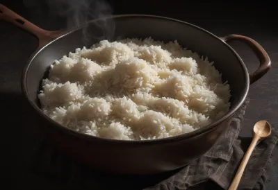 A wide earthenware pan of steaming cooked white rice with one wedge scooped away, exposing the depth of the packed bed of grains.