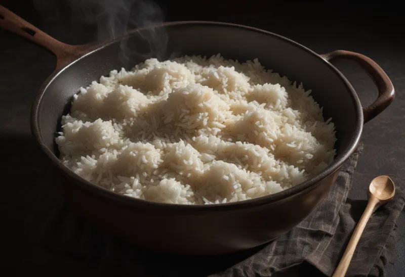 A wide earthenware pan of steaming cooked white rice with one wedge scooped away, exposing the depth of the packed bed of grains.