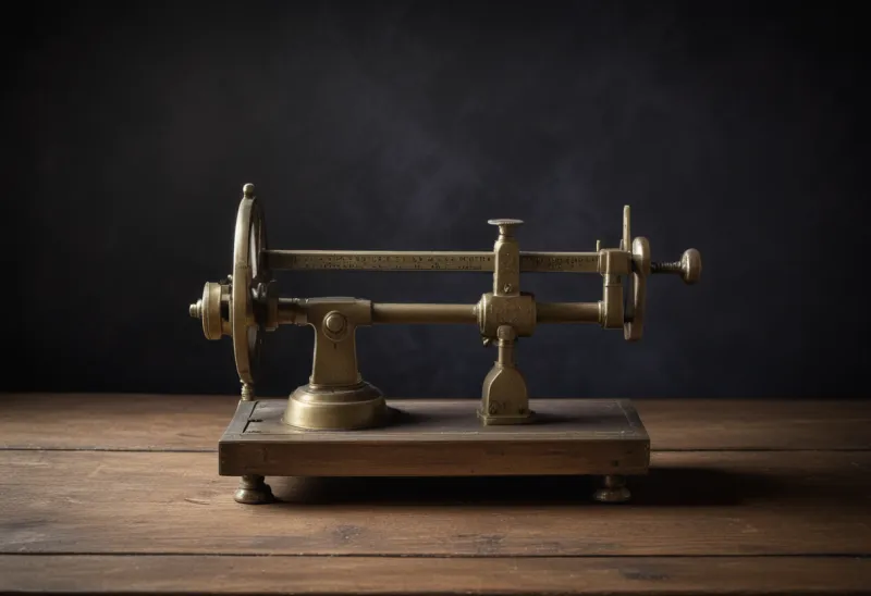 An antique brass beam balance with two empty pans standing on a wooden table