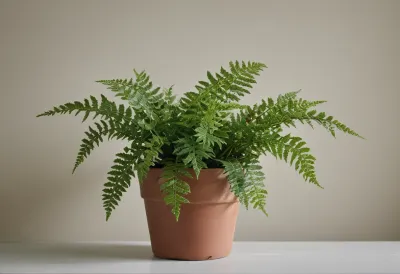 A healthy green fern growing in a plain pot, centered in frame.