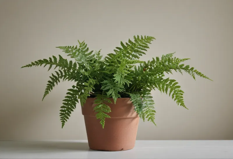 A healthy green fern growing in a plain pot, centered in frame.