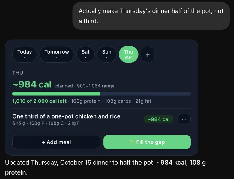 My message changing Thursday's dinner from a third of the pot to half, and the same plan card with the one entry updated to 645 g.