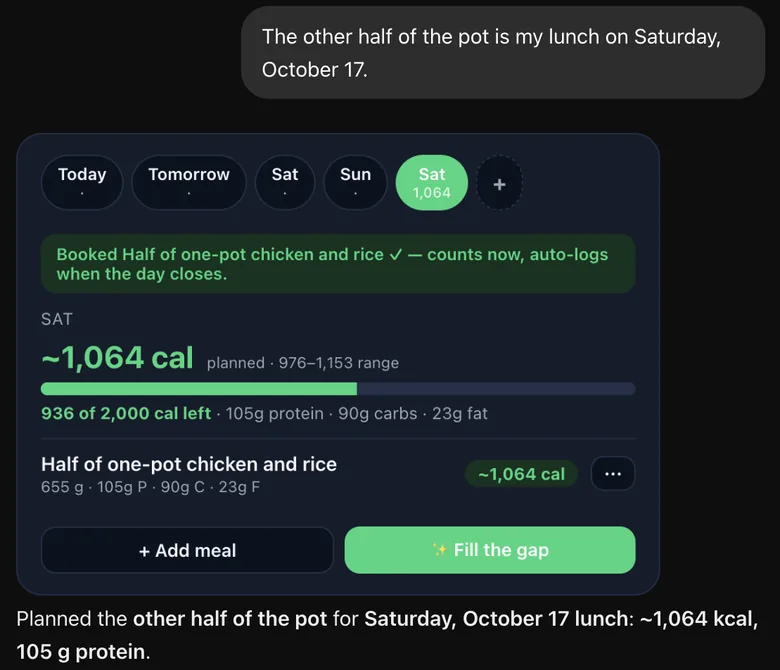 My first request, the other half of the pot as Saturday's lunch, and the Saturday plan card with a 655 g portion at about 1,064 kcal.