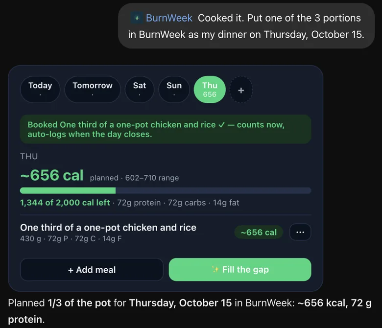My message asking BurnWeek to put one of the three portions on Thursday's dinner, and the plan card for Thursday that comes back with a 430 g portion on it.