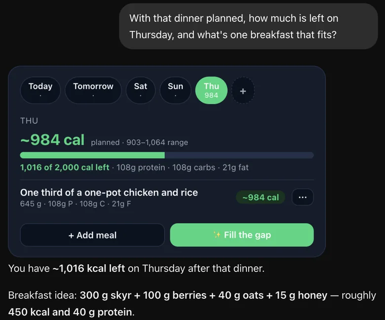 My question about what is left on Thursday, the plan card, and a short answer with the remaining calories and one breakfast idea that fits.