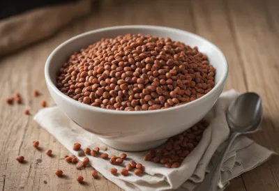 A plain bowl of dried red and brown lentils on a wooden table in soft daylight