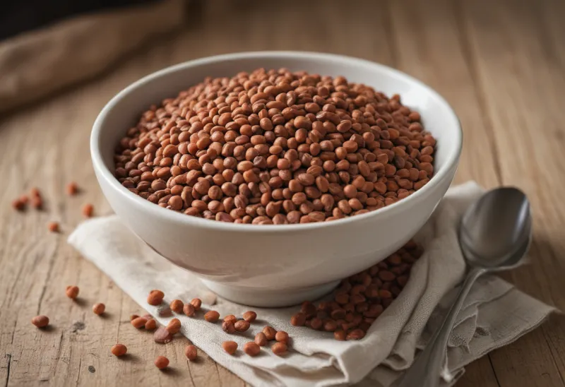 A plain bowl of dried red and brown lentils on a wooden table in soft daylight