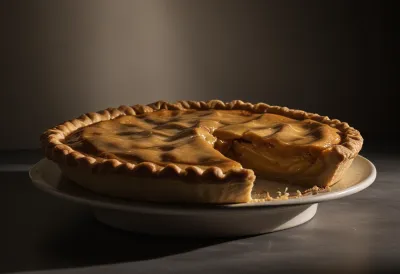 A whole golden-crusted pie on a plain ceramic stand with a single narrow slice cut away.