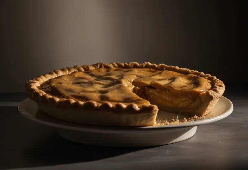 A whole golden-crusted pie on a plain ceramic stand with a single narrow slice cut away.