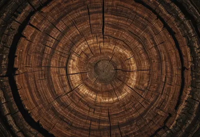 A close overhead crop of a cross-cut tree trunk showing dense annual rings, with one band of rings visibly narrower than the rest