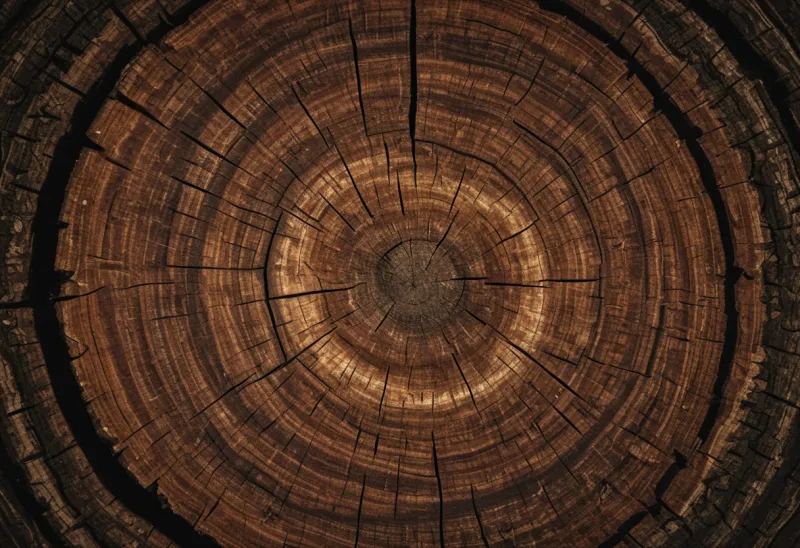 A close overhead crop of a cross-cut tree trunk showing dense annual rings, with one band of rings visibly narrower than the rest