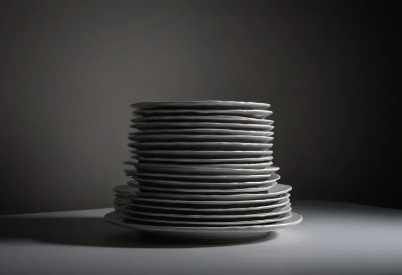 A tall stack of white dinner plates leaning noticeably off-vertical on a plain dark table