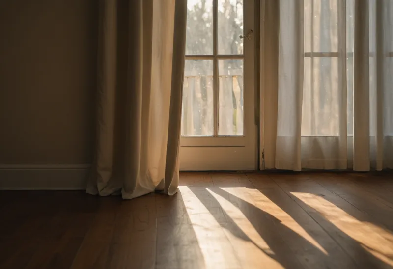 A narrow, hard-edged blade of early morning light falling through a gap in heavy curtains onto a bare wooden floor.
