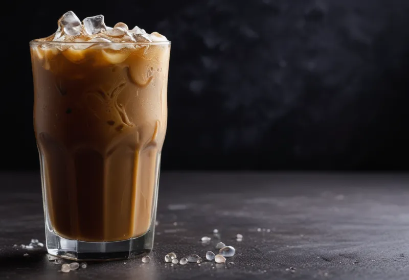 A tall glass of iced coffee with cream swirling through it and condensation on the glass, on a dark surface