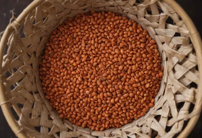 A woven basket filled with dried red lentils, seen from above.