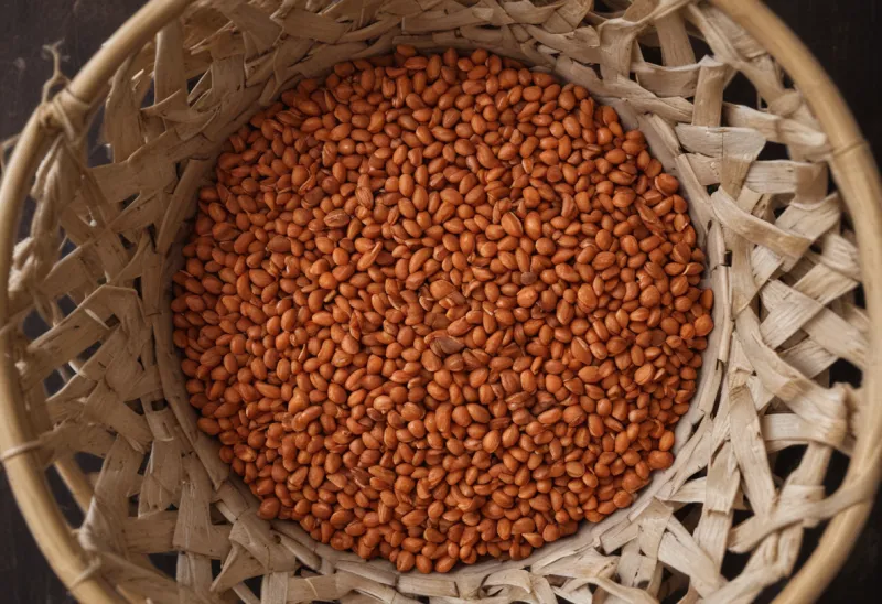 A woven basket filled with dried red lentils, seen from above.