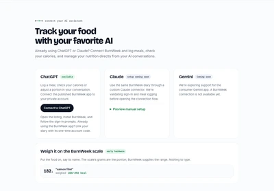 The food diary connection section with ChatGPT available and two other assistant options marked coming soon.