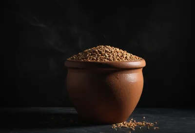A terracotta pot filled past its brim with dry golden grain, the surplus spilling over the rim and down the sides onto dark wet stone.