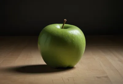 A single ripe green apple on a dark surface.