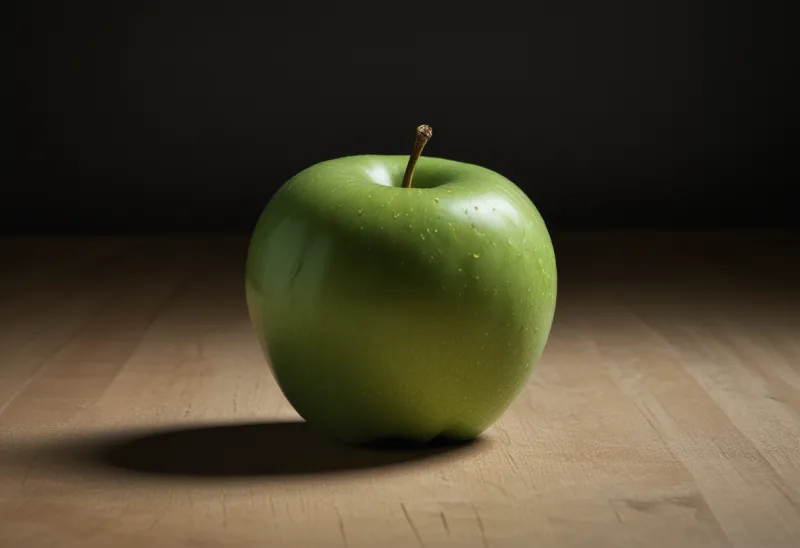 A single ripe green apple on a dark surface.