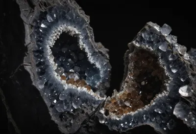 A geode split open on a bare dark surface, its plain grey stone exterior contrasting with the dense crystal interior revealed by the cut