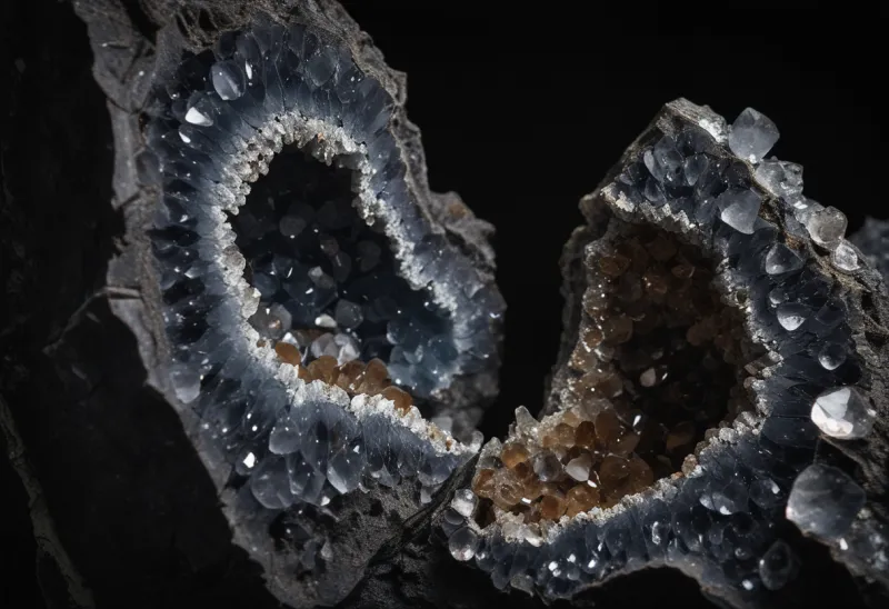 A geode split open on a bare dark surface, its plain grey stone exterior contrasting with the dense crystal interior revealed by the cut