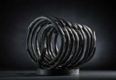 A single steel coil spring standing upright, seen close from the side.
