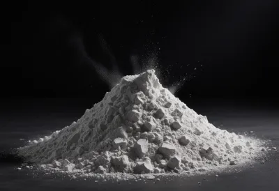 A small heap of fine white powder on a dark surface, photographed close up.