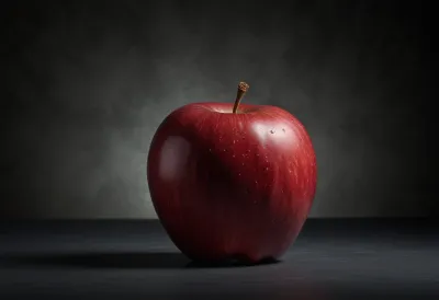 A single red apple standing centered against a plain studio backdrop.