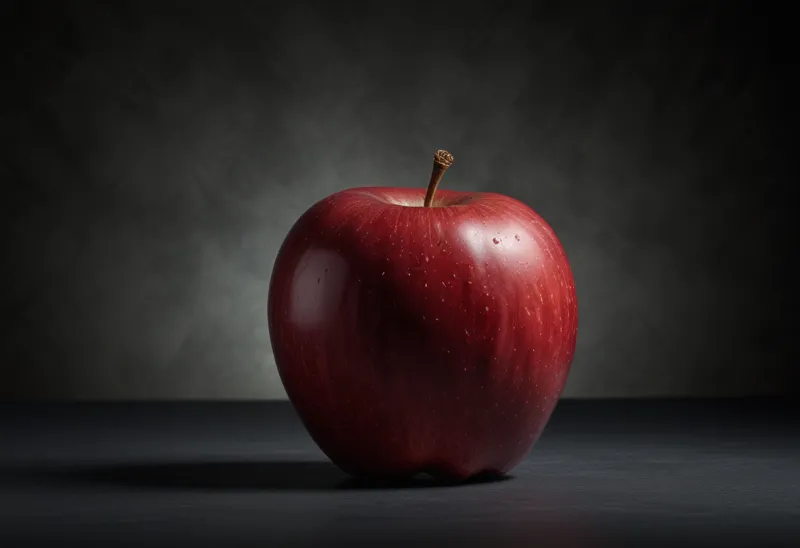 A single red apple standing centered against a plain studio backdrop.