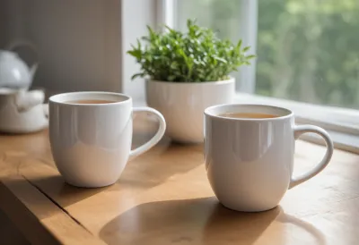 Two white ceramic mugs of tea side by side on a wooden kitchen table.