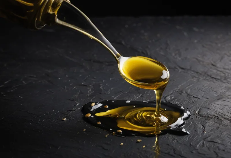 A tablespoon overflowing with golden olive oil, spilling over its edge onto dark stone.