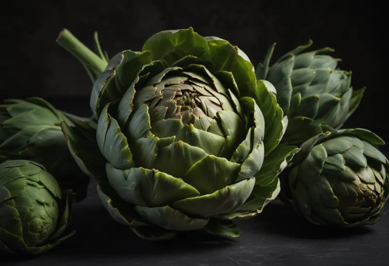 A single raw green artichoke photographed close up with its tight bracts filling the frame.