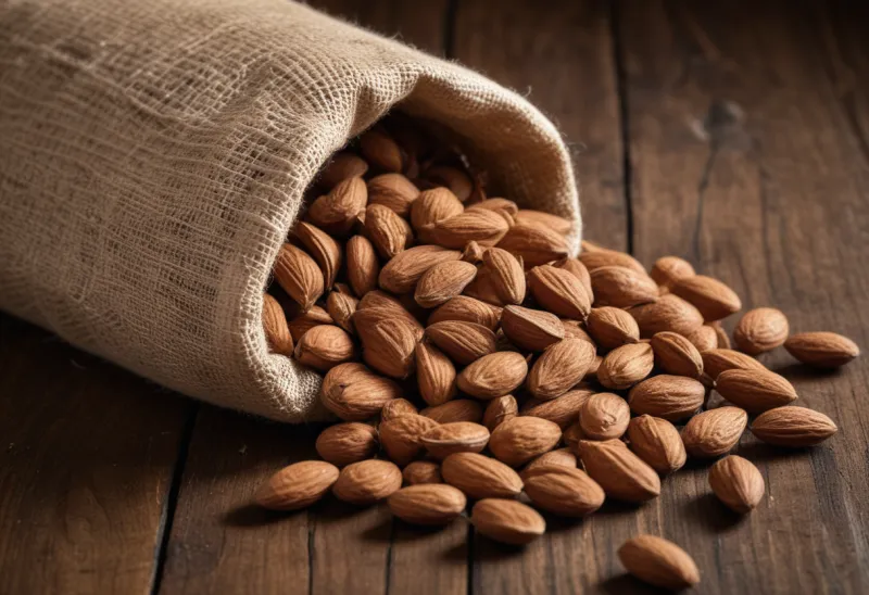 A burlap sack of whole almonds standing on a wooden floor, seen close from the side.