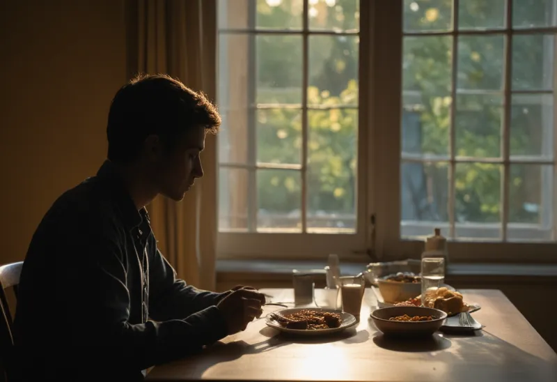 Silhouette of a person eating a simple dinner at a table by a window in warm backlight