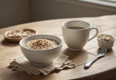 A bowl of oatmeal beside a plain ceramic mug on a wooden table in soft morning light