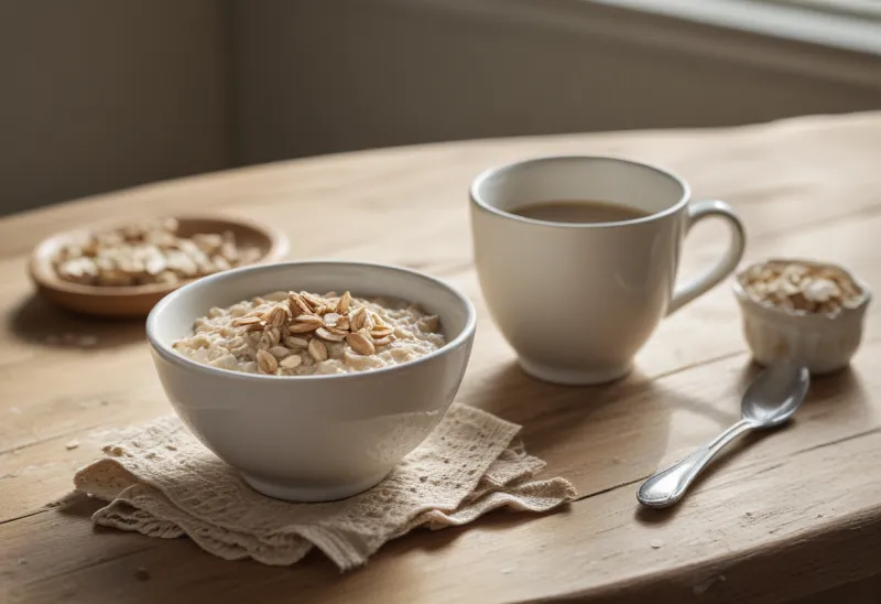 A bowl of oatmeal beside a plain ceramic mug on a wooden table in soft morning light