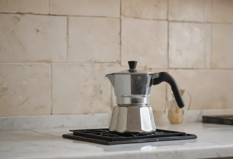 A battered aluminium moka pot venting steam on a pale tiled kitchen counter.