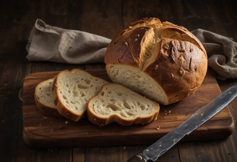 A rustic loaf of bread on a wooden board, partly cut into a few thick slices, in warm overhead kitchen light