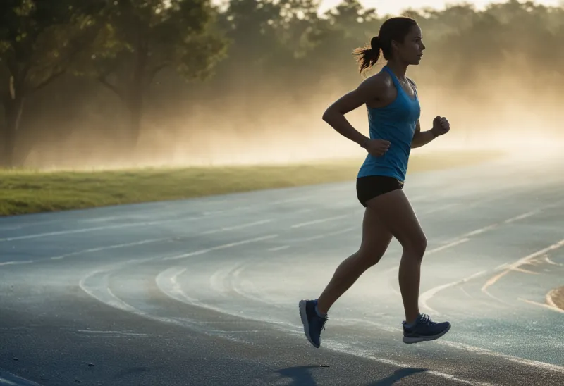 Silhouetted runner on a wet track at sunrise, backlit by low sun with a long shadow trailing behind through mist